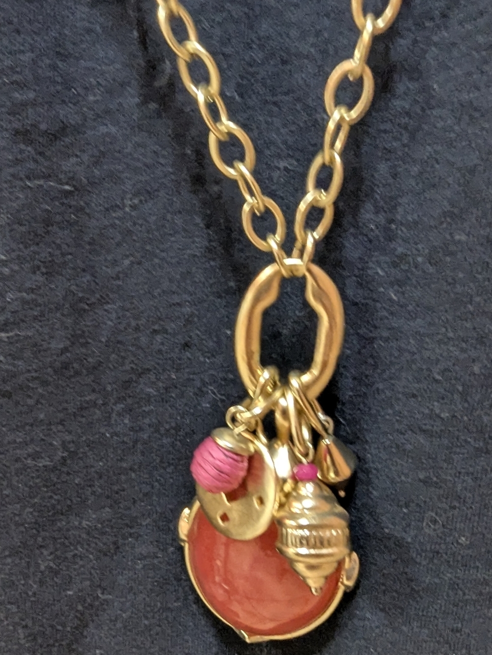 Chicos Bohemian Preppy Chunky Pink Cabochon Charm Statement Necklace - Gold Tone